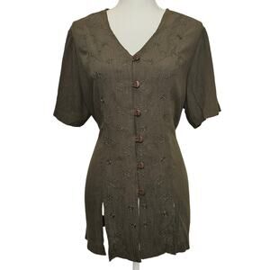 Fashion Bug Vintage Floral Detail Dark Green Short Sleeve Top Size 14/16